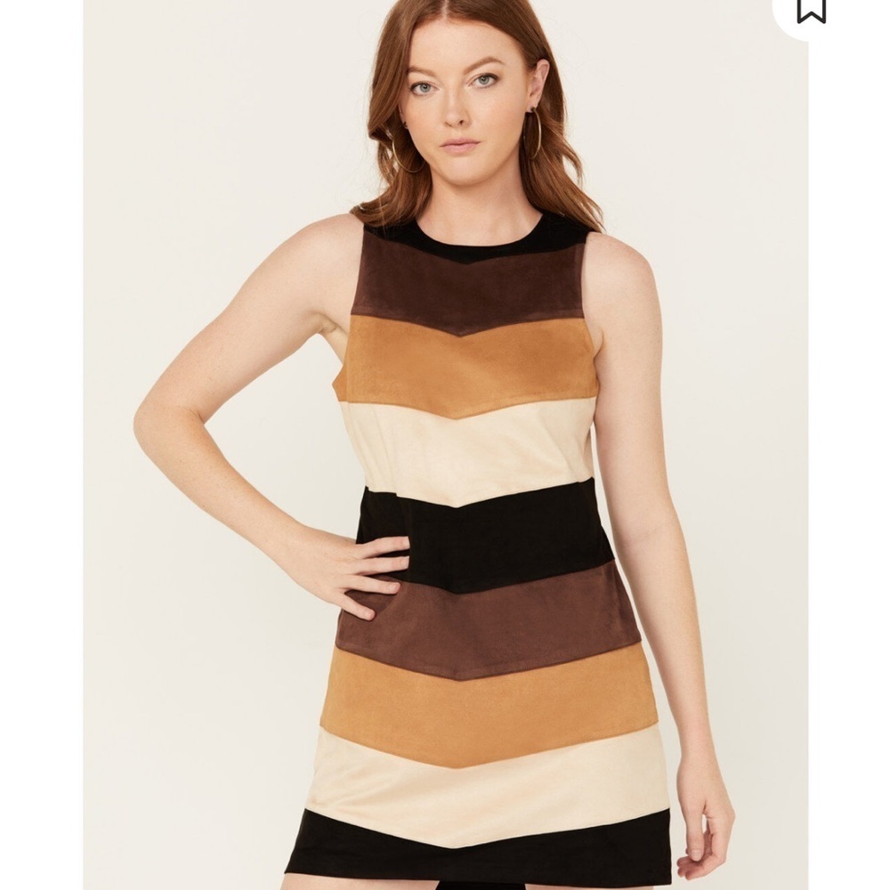 Show Me Your Mumu Womens Sz L Mod Mini Dress Faux Suede Chevron Brown Neutrals